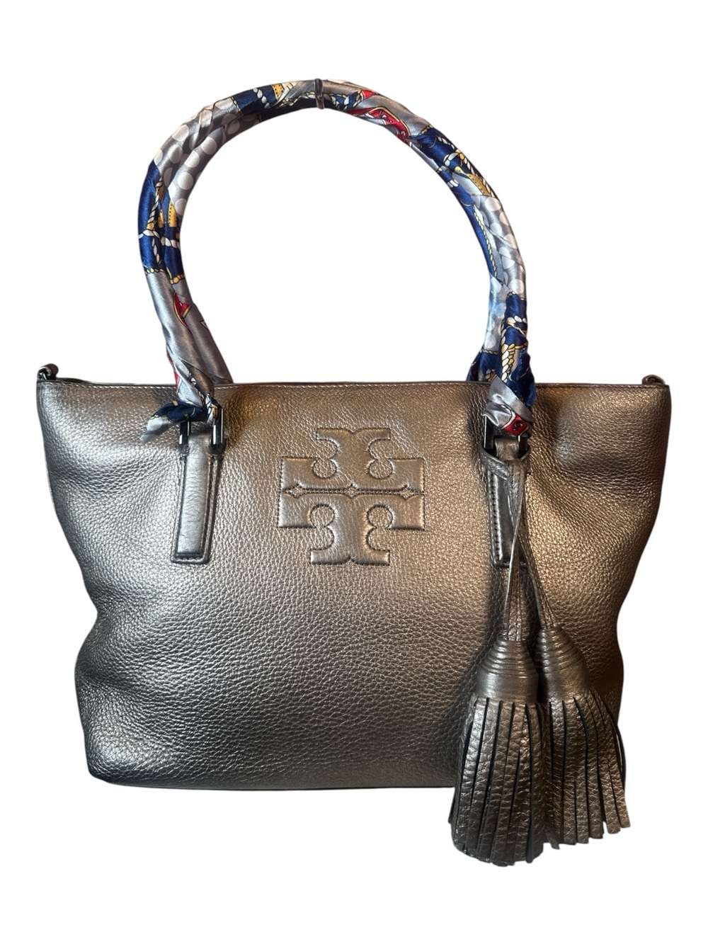 Tory Burch Thea Metallic Silver Leather Tote with Tassel